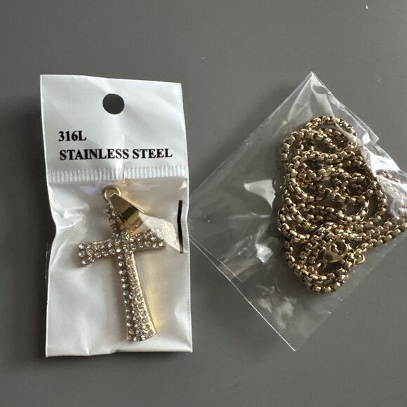 Cubic Zirconia Stainless Steel Cross Pendant Studded 24 Inch Necklace Gold Plate - Picture 6 of 6